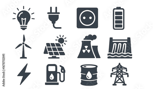 Energy icons: renewable solutions, nuclear power, and fuel sources