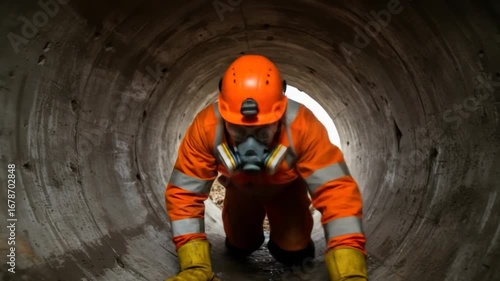 Worker crawling through a concrete tunnel wearing protective gear