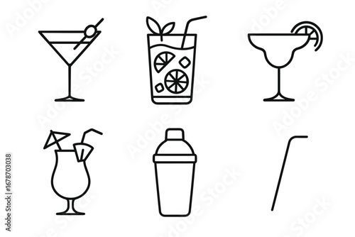 Outline icons of cocktails and barware: martini, mojito, margarita, pina colada, shaker, straw