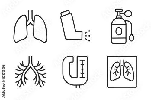 Respiratory health icons: lungs, inhaler, medical devices, x-ray, bronchi, medical equipment