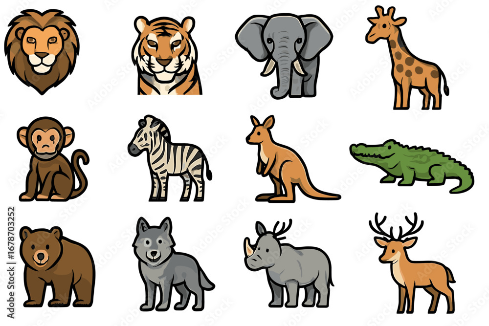 Obraz premium Colorful cartoon animal collection: lion, tiger, elephant, giraffe, monkey, zebra, kangaroo, crocodile, bear, wolf, rhino, deer
