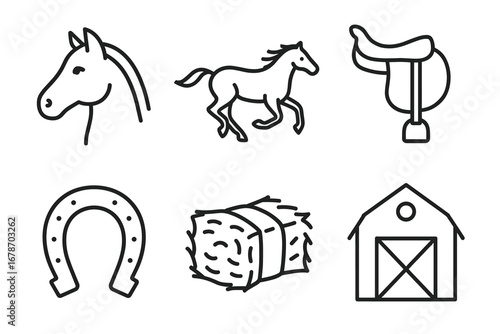 Horse and farm equipment icons: horse, saddle, horseshoe, barn, hay bale