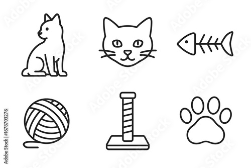 Cat icons: silhouette, face, fishbone, yarn, scratching post, paw print