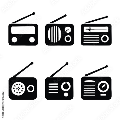 Collection of Vintage Radio Icons and Symbols Representing Classic Audio Technology