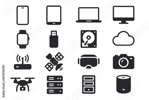 Digital devices and technology icons set including laptop, smartphone, and cloud