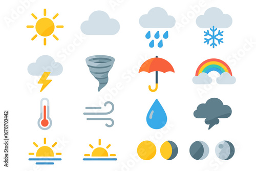 Weather icons collection: sun, cloud, rain, snow, wind, and temperature symbols