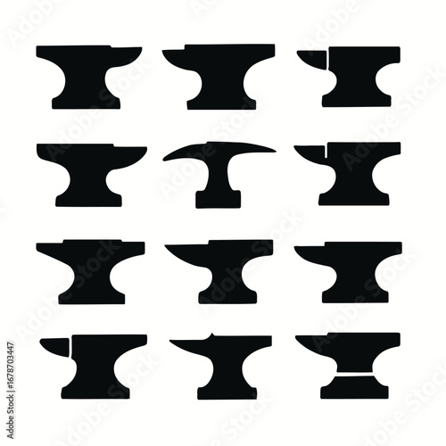 Collection of Black Anvil Silhouettes, Representing Blacksmith Tools and Symbolism