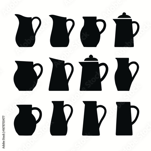 Collection of elegant pitcher and jug silhouettes. Diverse drinkware vector icons for kitchen and serving.