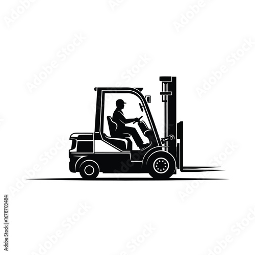 Vector illustration of a silhouette of a forklift truck with a driver inside