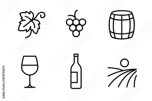 Vineyard icon set: leaf, grapes, barrel, wine glass, bottle, field