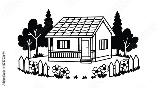 Charming cottage in peaceful nature scene, ideal home illustration
