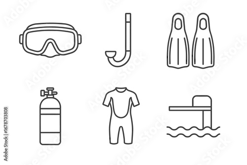 Scuba diving gear outline: mask, snorkel, fins, tank, wetsuit, platform icons
