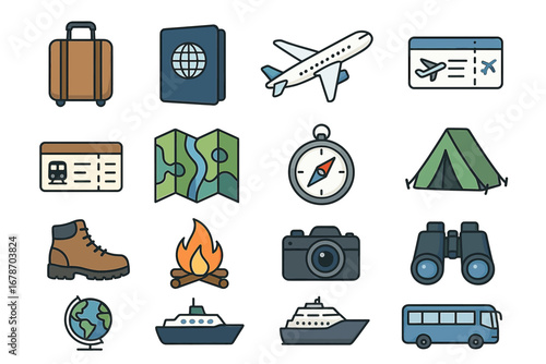 Travel icons featuring luggage, compass, passport, airplane, map, tent, and more