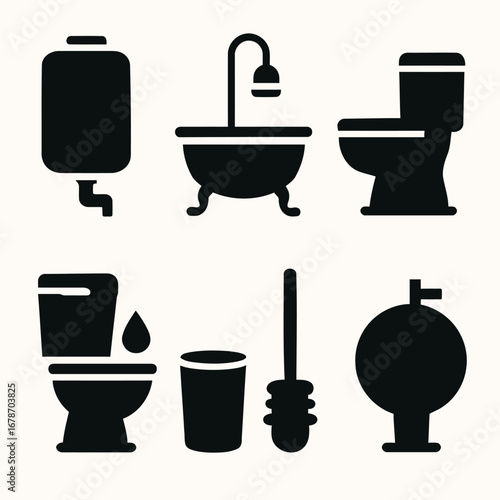 Bathroom Fixtures Silhouettes Minimalist Icons for Design and Decor