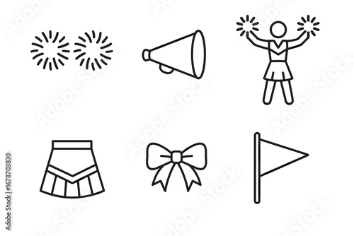 Cheerleading icons set with megaphone, pom-poms, and cheerleader figure