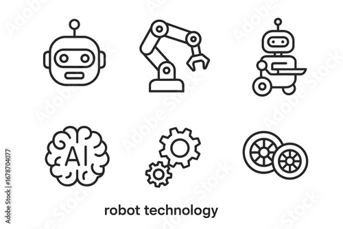 Robot technology: ai brain, mechanical arm, automated vehicle, gears, wheels