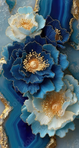Close-up of sculpted flowers, blue and white, on a polished agate background with gold trim