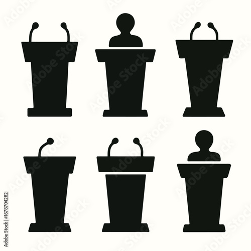 Modern Speaker Podium and Lectern Silhouettes for Public Addresses, Education, and Formal Presentations.
