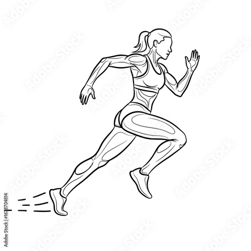 Woman athlete running, outline drawing vector line art