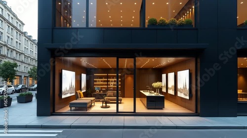 Wallpaper Mural Sleek modern urban building with a dark facade and large windows revealing a luxurious, warmly lit interior, an inviting architectural presence Torontodigital.ca