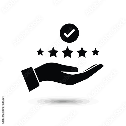 Vector illustration of a hand with five stars and a checkmark, representing customer satisfaction, positive feedback, and quality service