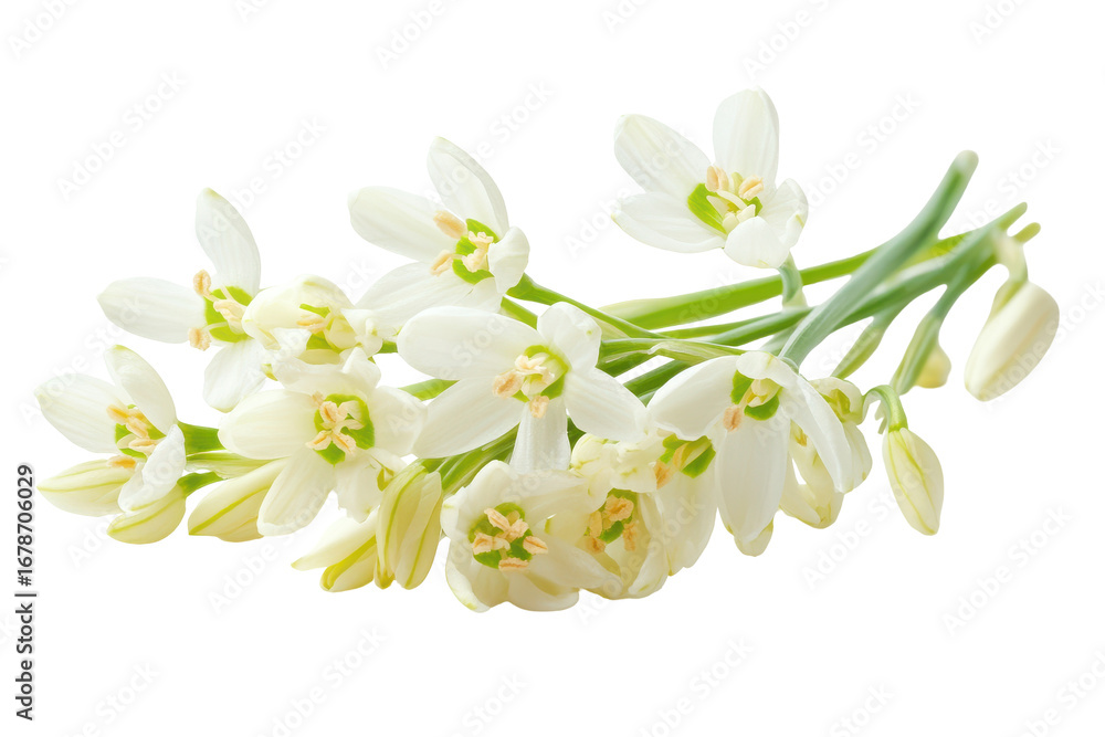 Obraz premium Delicate white snowdrop flowers with green stems isolated on transparent background. Beautiful snowdrop flowers in morning sunlight spring isolated on white background.