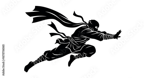 Dynamic silhouette of a ninja in action, vector line art