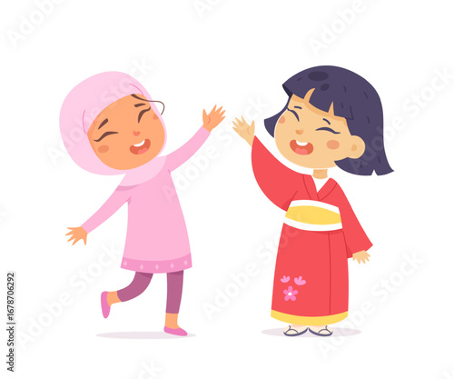 Happy kids giving a high five. Smiling girls celebrating together. Friendship and teamwork concept. Cute flat vector illustration isolated on white background.