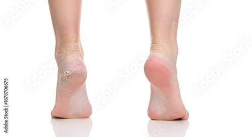 Bare Feet Showing Cracked Heel and Healthy Heel on White