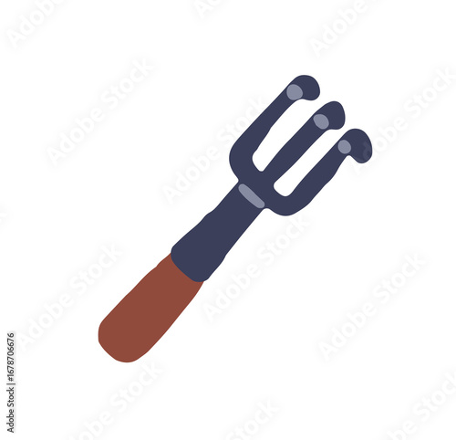 Icon of hoe with fork shape. Garden tool for weeding and cultivation. Agricultural instrument for caring about beds and working on farm. Flat isolated drawing vector illustration on white background