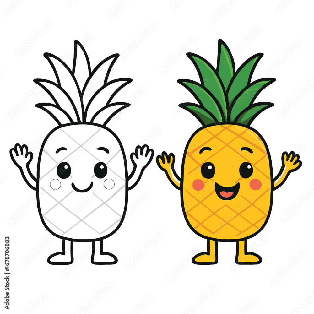Fototapeta premium Adorable Pineapple Coloring Page Cute Fruit Character Illustration