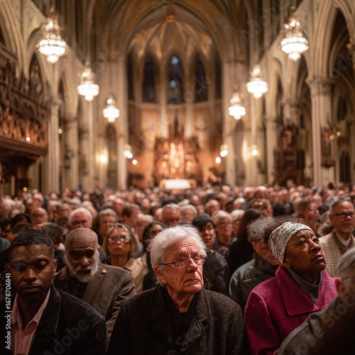 Wallpaper Mural A large diverse crowd gathers inside a cathedral, attentively listening. Could represent community, faith, spirituality, concert, lecture, or event attendance. Torontodigital.ca
