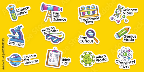 Set of cute science and chemistry sticker words template illustration