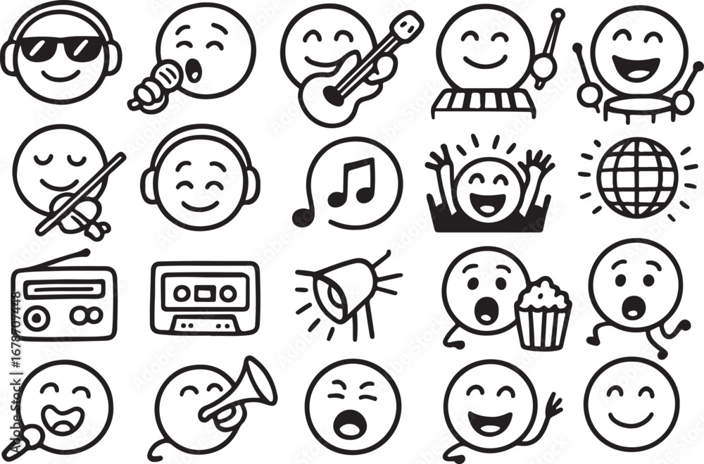 Fototapeta premium Collection of hand drawn doodle emojis expressing joyful emotions and musical activities with instruments and audio equipment