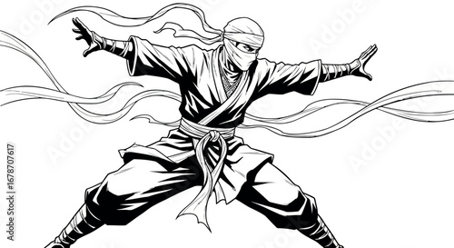 Ninja warrior in a dynamic pose, vector sketch art