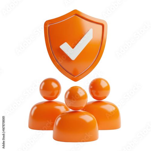 3d orange shield with checkmark above group of people icons isolated on transparent background