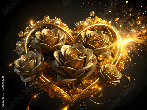 Opulent golden roses forming a heart shape with sparkling light effects on a dark backdrop flowers