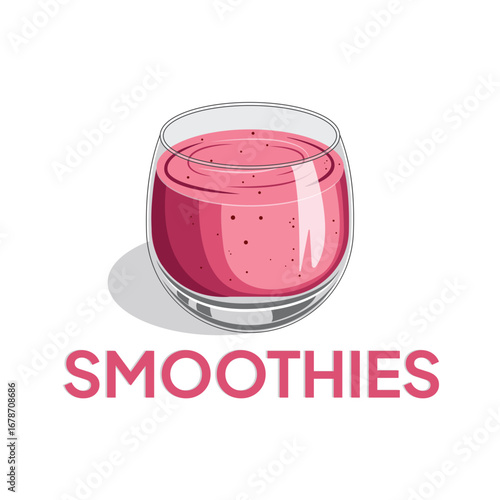 Illustration smoothies in a glass cup. Summer drinks. Cup of fruity organic shake. Fruit cocktail. Vector illustration. Smoothie Strawberry, Blueberries, Orange, Mango, Coffee and Grape.