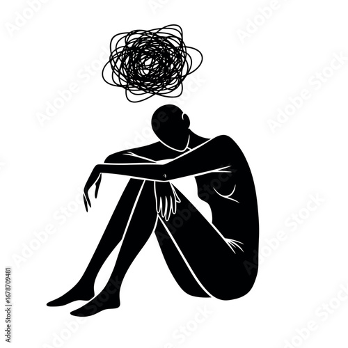 Woman sitting with head in hands, symbolizing stress vector silhouette.