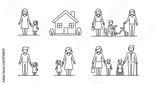 Family life and home illustration vector line art.