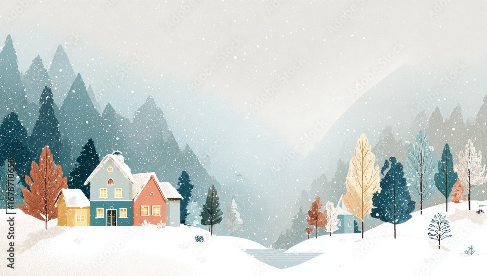 Fototapeta premium Winter village nestled in snowy mountains