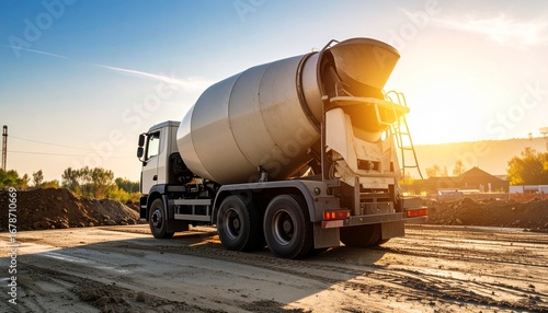 A cement truck on a construction site under a sunny sky. The large truck is parked on a paved area, and the sunlight highlights the scene.
