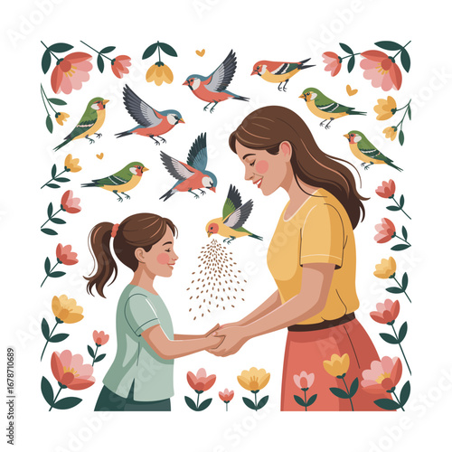 Mother and daughter sharing a tender moment with birds and flowers