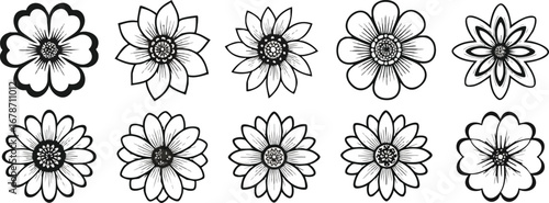 Ten simple black and white flower drawings, various styles.