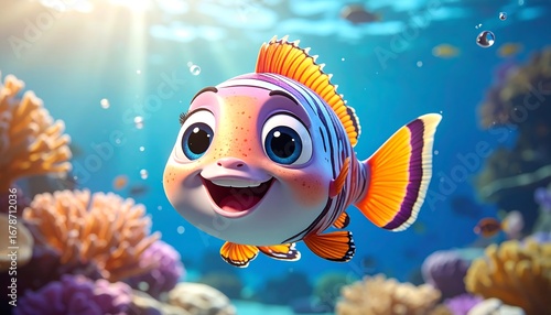 Adorable Cartoon Clownfish Swimming in a Vibrant Coral Reef.