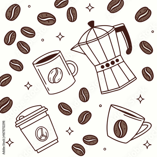 Seamless vector pattern with hand-drawn coffee cups, vintage kitchen illustrations, and sweet bakery icons perfect for cafe and restaurant menus