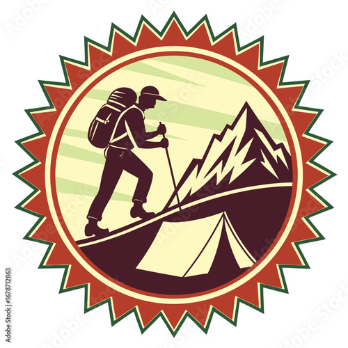 Vector art of vintage illustration of a hiker with backpack climbing a mountain with a tent, perfect for outdoor adventure and travel theme
