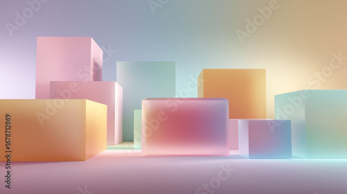 Cubi traslucidi pastello con luce soffusa; scena 3D minimal con ombre morbide, ideale per background, vetrine prodotto e branding dal mood dolce e pulito.