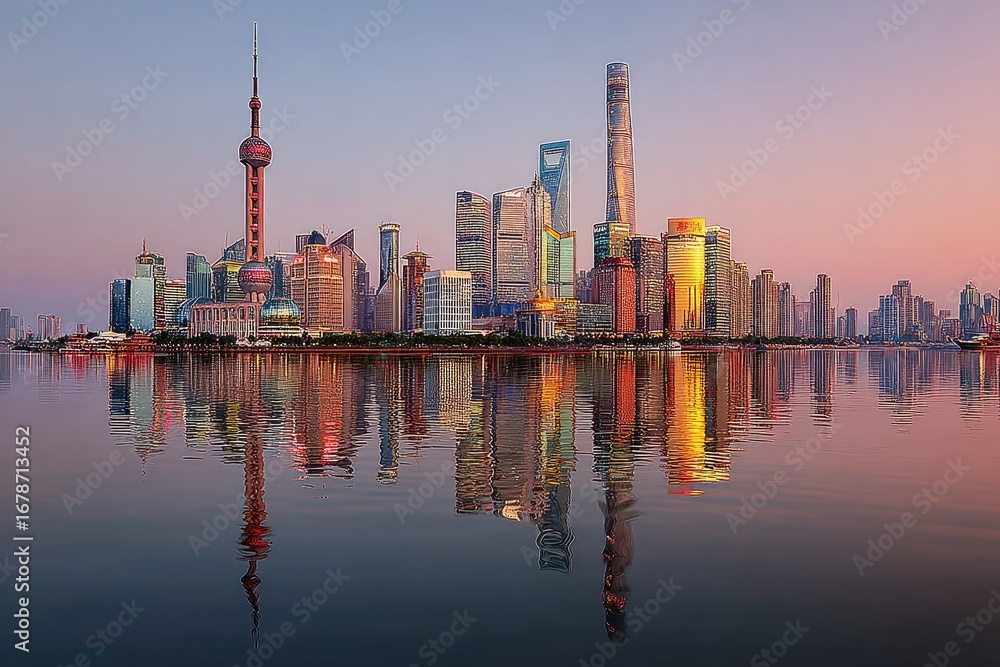 Obraz premium Sunrise city skyline reflected on water