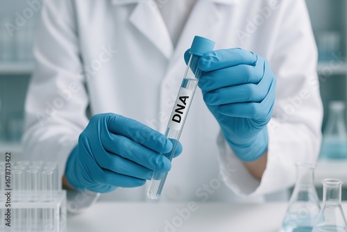 Close-up of scientist’s gloved hands holding a DNA-labeled test tube in a modern laboratory. Represents genetic testing and biotechnology research.